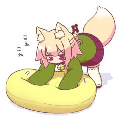 1girl all_fours animal_ear_fluff animal_ears bell blonde_hair collar cushion fox_ears fox_girl fox_tail full_body green_shirt hair_bun highres kemomimi-chan_(naga_u) kneading_(behavior) long_sleeves medium_hair naga_u neck_bell no_mouth original pleated_skirt purple_eyes purple_shirt ribbon-trimmed_thighhighs ribbon_trim sandals shadow shirt simple_background single_hair_bun skirt solo tail thighhighs v-shaped_eyebrows white_background white_thighhighs zouri