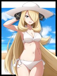 1girl :d absurdres alternate_costume arrow_(symbol) bikini blonde_hair breasts cleavage cloud commentary cowboy_shot cynthia_(pokemon) day eyelashes grey_eyes hair_ornament hair_over_one_eye hand_up hat highres long_hair looking_at_viewer navel nintendo open_mouth pokemon pokemon_dppt shabana_may sky smile solo sun_hat swimsuit teeth tongue upper_teeth_only white_bikini white_hat