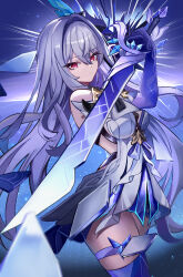 Rule 34 | 1girl, absurdres, bare shoulders, breasts, broken glass, closed mouth, commentary, cracked sword, crystal shards, diamond-shaped pupils, diamond (shape), dress, english commentary, from side, genshin impact, glass, glass shards, grey hair, hair between eyes, hair ornament, hand up, highres, holding, holding sword, holding weapon, light particles, long hair, looking at viewer, luto, medium breasts, night, night sky, prosthesis, prosthetic arm, prosthetic leg, red eyes, short dress, skirk (genshin impact), sky, solo, standing, star (sky), sword, symbol-shaped pupils, thighs, very long hair, weapon, white dress