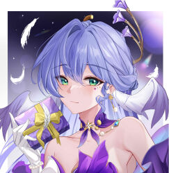 1girl bare_shoulders blue_hair blush box closed_mouth collarbone dress earrings falling_feathers feathers gift gift_box gloves green_eyes hair_between_eyes head_wings highres holding holding_gift honkai:_star_rail honkai_(series) jewelry kulayueyue long_hair looking_at_viewer robin_(honkai:_star_rail) smile solo strapless strapless_dress white_feathers white_gloves wings