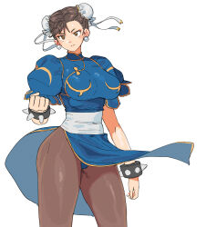 1girl absurdres arm_at_side asymmetrical_bangs black_pantyhose blue_dress blue_panties bow bracelet breasts brown_eyes bun_cover capcom china_dress chinese_clothes chun-li clenched_hand closed_mouth clothes_lift collared_dress contrapposto cowboy_shot curled_fingers dot_nose double_bun dress dress_lift earrings floating_clothes frilled_dress frills furrowed_brow gold_bow gold_trim hair_bun half-closed_eyes hand_up head_tilt high_collar highleg highleg_panties highres impossible_clothes impossible_dress jewelry large_breasts legs_apart light_blush long_eyelashes long_legs looking_at_viewer mandarin_collar matheus_felipe narrowed_eyes no_pupils panties pantyhose pantyshot parted_bangs parted_hair pelvic_curtain puffy_short_sleeves puffy_sleeves ribbon sash see-through_pantyhose serious shanghai_neckline sheer_pantyhose short_hair short_sleeves side_slit simple_background solo spiked_bracelet spikes split_mouth standing street_fighter thick_eyelashes thick_thighs thighs tight_clothes tight_dress underwear upskirt v-shaped_eyebrows waist_sash white_background white_bow white_ribbon white_sash wide_hips wind wind_lift