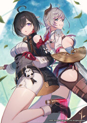 2girls ahoge atelier_(series) atelier_resleriana atelier_yumia back_cutout black_hair blue_eyes breasts broken_horn clothing_cutout demon_horns falling_leaves gloves hair_between_eyes hair_over_one_eye highres horns leaf long_hair long_sleeves medium_breasts mole mole_under_eye multicolored_hair multiple_girls official_art open_mouth partially_fingerless_gloves purple_eyes purple_hair red_gloves red_hair short_hair sideboob sideless_outfit smile tokki valeria_(atelier) yumia_liessfeldt