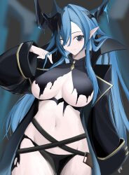 1girl absurdres azur_lane black_horns blue_eyes blue_hair breasts commentary groin hand_up highres horns large_breasts long_bangs long_sleeves looking_at_viewer mary_celeste_(azur_lane) mng_(user_vxxe2258) navel parted_lips pointy_ears revealing_clothes solo stomach torn_clothes
