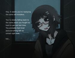 1girl absurdres black-framed_eyewear black_eyes black_hair black_hoodie black_shirt clothes_writing commentary cross cross_necklace english_commentary english_text film_grain glasses hair_ornament heavy_film_grain highres hood hoodie jewelry looking_to_the_side medium_hair messy_hair mikuneki necklace open_mouth original riyo_kaede_(mikuneki) semi-rimless_eyewear shirt solo teeth text_focus under-rim_eyewear window