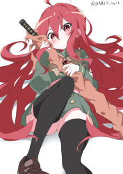 1girl absurdres ahoge black_thighhighs blush brown_shoes feet_out_of_frame gem hair_between_eyes highres holding holding_sword holding_weapon jewelry long_hair long_sleeves looking_at_viewer lying misaki_high_school_uniform pendant red_eyes red_gemstone red_hair school_uniform shakugan_no_shana shana shoes solo sword thighhighs thighs twitter_username weapon white_background white_gorilla_(okamoto)