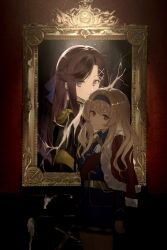 2girls aiguillette arm_at_side black_hairband black_jacket blonde_hair brown_hair collared_jacket commentary_request curtained_hair double-parted_bangs epaulettes flipped_hair fur-trimmed_jacket fur_trim gold_belt hair_between_eyes hair_ribbon hairband highres hokaze_(lx7i9frrkegzi1g) indoors jacket jacket_on_shoulders light_frown light_particles light_smile long_hair looking_at_viewer miniskirt multiple_girls picture_frame pink_eyes portrait_(object) purple_eyes purple_ribbon red_jacket red_sash ribbon saijou_claudine sash shoujo_kageki_revue_starlight shoulder_sash sidelocks sideways_glance single_horizontal_stripe skirt straight_hair string sword tassel tendou_maya torn_painting torn_paper wavy_hair weapon wide_shot