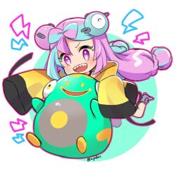 1girl :d bellibolt blue_hair bow-shaped_hair character_hair_ornament chibi chibi_only eyelashes full_body hair_ornament highres iono_(pokemon) jacket long_hair long_sleeves mipokec multicolored_hair nintendo open_mouth pink_eyes pink_hair pokemon pokemon_(creature) pokemon_sv sharp_teeth simple_background sleeves_past_wrists smile teeth twintails twitter_username two-tone_hair upper_teeth_only wide_sleeves yellow_jacket