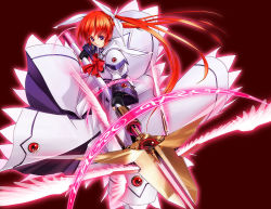 Rule 34 | 00s, 1girl, blue eyes, brown hair, female focus, gloves, hair ribbon, long hair, lyrical nanoha, magical girl, mahou shoujo lyrical nanoha, mahou shoujo lyrical nanoha a&#039;s, mahou shoujo lyrical nanoha strikers, raising heart, raising heart (exelion mode), ribbon, solo, takamachi nanoha, takamachi nanoha (sacred mode), tom (1art.), twintails