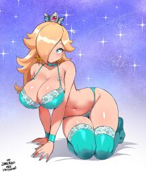 1girl aqua_bra aqua_choker aqua_eyes aqua_nails aqua_panties aqua_thighhighs blonde_hair blush bow bow_panties bra bracelet breasts choker cleavage crown earrings fingernails full_body hair_over_one_eye highres jarckius jewelry kneeling lace lace-trimmed_bra lace-trimmed_panties lace-trimmed_thighhighs lace_trim large_breasts long_hair mario_(series) navel nintendo no_shoes panties rosalina silver_crown solo star_(sky) star_(symbol) star_earrings starry_sky_background super_mario_galaxy thighhighs underwear underwear_only