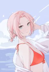 1girl absurdres aqua_eyes bikini braid breasts chinese_commentary closed_mouth cloud commentary_request halterneck hand_up haruno_sakura highres jacket looking_at_viewer medium_breasts naruto naruto_(series) ocean off_shoulder orange_bikini outdoors pink_hair renyiyigeren sky solo swimsuit twin_braids upper_body white_jacket