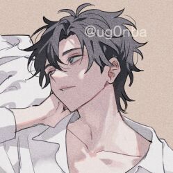 1boy antenna_hair black_eyes black_hair brown_background cheng_xiaoshi collarbone collared_shirt hair_between_eyes hand_on_own_face hand_up long_sleeves looking_to_the_side male_focus messy_hair parted_lips portrait shade shiguang_dailiren shirt short_hair simple_background solo twitter_username ugonba_(howatoro) upper_body watermark white_shirt