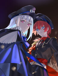 Rule 34 | 2girls, alternate costume, ange katrina, belt, black hat, black jacket, black necktie, blue cape, blue eyes, breast pocket, cape, closed mouth, collared shirt, commentary, dark background, elmida, epaulettes, hat, highres, jacket, lapels, lize helesta, lize helesta (7th costume), looking at viewer, looking to the side, military hat, military uniform, multiple girls, necktie, nijisanji, notched lapels, pocket, ponytail, purple eyes, red cape, red hair, red shirt, shirt, short ponytail, side cape, sidelocks, single epaulette, smile, split mouth, virtual youtuber, white belt, white hat