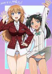 Rule 34 | 2girls, :d, blazer, blue eyes, blush, bow, bowtie, breasts, charlotte e. yeager, fang, francesca lucchini, gluteal fold, green bow, green bowtie, green eyes, green hair, hair ribbon, hand on own hip, highres, jacket, large breasts, long hair, looking at viewer, military uniform, multiple girls, open mouth, orange hair, panties, poyopoyotaishi, red jacket, ribbon, simple background, small breasts, smile, strike witches, striped clothes, striped panties, twintails, underwear, white panties, world witches series