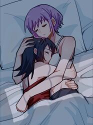 2girls bang_dream! bang_dream!_it&#039;s_mygo!!!!! black_hair camisole closed_eyes cuddling hand_on_another&#039;s_head hand_on_another&#039;s_waist long_hair multiple_girls night on_bed pillow purple_hair red_camisole short_hair under_covers very_long_hair white_camisole xiaowu0074 yahata_umiri yuri yuutenji_nyamu