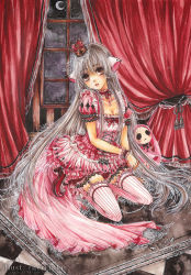 00s 1girl brown_hair checkered_floor cherriuki chii chobits choker corset crescent_moon crown curtains dress ero_lolita female_focus floor frills full_body garter_straps hair_spread_out hime_lolita lace lolita_fashion long_hair looking_at_viewer marker_(medium) moon night painting_(medium) parted_lips pink_dress pink_skirt pink_socks puffy_short_sleeves puffy_sleeves red_shoes robot_ears shoes short_dress short_sleeves silver_hair sitting skirt socks solo striped_clothes striped_socks striped_thighhighs stuffed_toy sweet_lolita thighhighs traditional_media vertical-striped_clothes vertical-striped_thighhighs very_long_hair wariza watercolor_(medium) watermark web_address window wrist_cuffs zettai_ryouiki