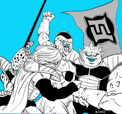 2024_attempted_assassination_of_donald_trump appule arm_up armor bald braid cape dodoria dragon_ball dragonball_z final_form_frieza flag frieza highres horns jewelry long_hair meme monochrome multiple_boys muscular muscular_male nicocolors open_mouth saiyan_armor smile spiked_hair teeth zarbon