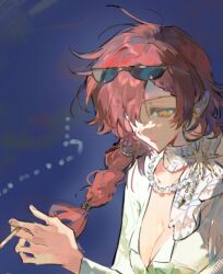 1girl blue_background braid breasts cigarette cleavage earrings eyewear_on_head hair_between_eyes hair_over_one_eye holding holding_cigarette jewelry long_hair long_sleeves looking_down medium_breasts original qyzhiaiyisheng red_hair shirt simple_background single_braid smoking solo sunglasses upper_body white_shirt yellow_eyes