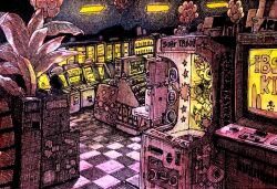 Rule 34 | arcade, arcade cabinet, ceiling light, checkered floor, fern, ibsukionsen, indoors, interior, light, no humans, original, painting (medium), plant, scenery, shadow, traditional media