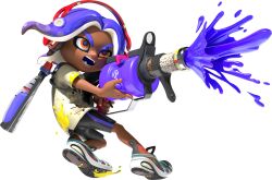 Rule 34 | .96 gal (splatoon), 1boy, 3d, bike shorts, blue hair, dark skin, dynamic pose, firing, full body, gradient hair, guayabera, headphones, hirooooo (splatoon), holding, holding weapon, ink tank (splatoon), inkling, looking ahead, medium hair, multicolored hair, nintendo, octoling boy, octoling player character, official art, open mouth, orange eyes, shoes, short sleeves, sidelocks, sneakers, solo, splatoon (series), splatoon 3, spotted hair, suction cups, tentacle hair, thick eyebrows, transparent background, two-tone hair, v-shaped eyebrows, weapon