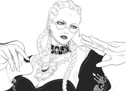 Rule 34 | 1girl, bodypaint, braid, braided ponytail, breasts, cleavage, collar, dolores (kof), dress, earrings, female focus, glasses, jewelry, large breasts, long hair, round eyewear, solo, the king of fighters, thick lips, white hair