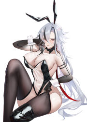 1girl :o absurdres adjusting_clothes adjusting_legwear alternate_costume animal_ears arlecchino_(genshin_impact) black_hair black_skin black_thighhighs blush breasts cleavage colored_extremities colored_skin commentary covered_navel english_commentary fake_animal_ears genshin_impact hair_between_eyes hand_up highleg highleg_leotard highres huge_breasts leotard looking_at_viewer multicolored_hair open_mouth playboy_bunny rabbit_ears red_hair sanvicept see-through_clothes see-through_leotard signature simple_background solo strapless strapless_leotard streaked_hair symbol-shaped_pupils thighhighs twitter_username white_background white_hair white_wrist_cuffs wrist_cuffs x-shaped_pupils