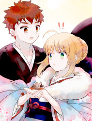! !! 1boy 1girl artoria_pendragon_(fate) blonde_hair blue_kimono bun_with_braided_base commentary_request emiya_shirou fate/stay_night fate_(series) furisode green_eyes hair_bun highres holding japanese_clothes kimono obi open_mouth orange_eyes orange_hair saber_(fate) sash single_hair_bun smile suzuakks