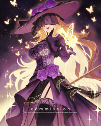 1girl animal_print arm_up black_hat blonde_hair breasts bug butterfly butterfly_print commentary commission covered_eyes dress eiyuu_densetsu flower garter_straps hat hat_flower highres holding holding_weapon insect kuro_no_kiseki_(series) kuro_no_kiseki_i large_breasts long_hair lucrezia_isselee mole mole_under_mouth open_mouth print_dress purple_dress purple_flower purple_rose rose smile solo sparkle standing sumustard veil watermark watermark_grid wavy_hair weapon yellow_butterfly
