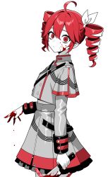 1girl absurdres ahoge black_sleeve_cuffs blood blood_on_face blood_on_hands bow drill_hair grey_jacket grey_skirt highres holding holding_knife jacket kasane_teto kasane_teto_(sv) knife looking_at_viewer red_eyes red_hair red_trim shiguren_39 shoulder_belt skirt sleeve_cuffs solo striped_clothes striped_jacket synthesizer_v twin_drills utau white_bow