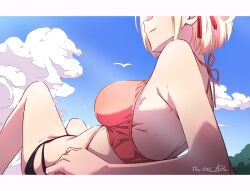 1girl bare_shoulders bikini blonde_hair blue_sky blush breasts closed_mouth cloud cloudy_sky day hair_ribbon head_out_of_frame highres large_breasts lycoris_recoil lying multicolored_bikini nii_manabu nishikigi_chisato on_back outdoors red_ribbon ribbon short_hair sky smile solo swimsuit two-tone_bikini