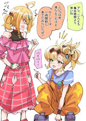 2girls ahoge alternate_costume blonde_hair earrings eyewear_on_head fang green_eyes jewelry luciana_de_montefio multiple_girls nodachi_(nodati51) orange_overalls overalls piper_wheel plaid_clothes plaid_skirt red_eyes skin_fang skirt squatting sunglasses white_background wristband zenless_zone_zero