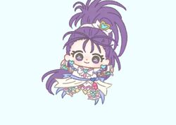Rule 34 | 1girl, absurdly long hair, aqua brooch, belt, blue background, bow, brooch, chibi, closed mouth, commentary, cure egret, dot nose, dress, earrings, eyelashes, feather-trimmed dress, forehead, frilled arm warmers, frilled leg warmers, futari wa precure splash star, hair bow, hair ornament, hairband, happy, heart, heart brooch, heart earrings, heart hair ornament, heart print, high ponytail, ichigo usuhana, jewelry, leg warmers, light blush, long dress, long hair, looking at viewer, magical girl, messy hair, mishou mai, outstretched arms, pink bag, ponytail, precure, purple belt, purple eyes, purple hair, shoes, short sleeves, simple background, smile, solo, tareme, very long hair, waist bag, white arm warmers, white bow, white dress, white hairband, white leg warmers, white shoes