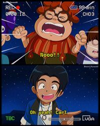 1990s_fashion 4boys animification black_hair brenni_murasaki brown_eyes brown_hair butch_pakovski carl_wheezer english_text glasses hair_over_eyes highres jimmy_neutron_(series) looking_at_another male_focus multiple_boys nick_dean night night_sky overalls scene_reference sheen_estevez shirt short_hair sky