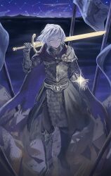 1boy absurdres armor cape closed_mouth gauntlets highres holding holding_sword holding_weapon i_pulled_out_excalibur knight looking_at_viewer male_focus najin night pepperdevil solo standing star_(sky) sword torn_clothes weapon white_hair yellow_eyes