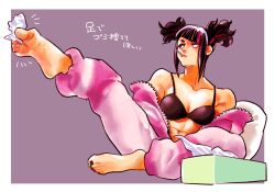 1girl barefoot between_toes black_hair blue_eyes bra candy feet food hair_horns han_juri heterochromia highres lollipop long_hair looking_to_the_side multicolored_hair nail_polish onesie open_clothes pink_eyes soles streaked_hair street_fighter szknkrsti tissue tissue_box toenail_polish toenails toes translated underwear