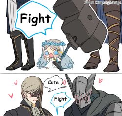 2girls ascot blindfold blonde_hair chibi duchess_(elden_ring) elden_ring elden_ring_nightreign gloves hammer highres holding holding_weapon long_hair multiple_girls pun-rii revenant_(elden_ring) simple_background weapon white_ascot white_hair wylder_(elden_ring)