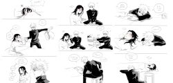 ... 2boys ? anger_vein bag bed black_jacket blanket chair character_name comic couple english_text eyebrows fever gakuran getou_suguru gojou_satoru hair_between_eyes hair_down highres jacket jujutsu_kaisen long_hair long_image long_sleeves lying male_focus monochrome multiple_boys pale_skin pillow school_uniform seirorath shirt shopping_bag short_hair sick three-quarter_sleeves speech_bubble stitched stool sunglasses table talking third-party_edit white_background white_shirt wide_image yaoi