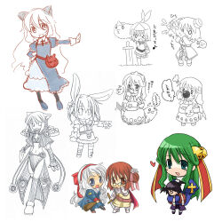 Rule 34 | 2000s (style), 6+girls, animal ears, armor, blue dress, blue eyes, blush, brown eyes, brown hair, capelet, chainmail, chibi, chibi only, clown nose, club (weapon), commentary request, dress, eating, fake animal ears, full body, glasses, green hair, hair bun, hairband, holding, holding club, holding sword, holding weapon, hunter (ragnarok online), juliet sleeves, knight (ragnarok online), long hair, long sleeves, looking at viewer, merchant (ragnarok online), multiple girls, navel, nayuruonline, one eye closed, open mouth, pince-nez, priest (ragnarok online), puffy sleeves, rabbit ears, ragnarok online, red hairband, round eyewear, sage (ragnarok online), short hair, simple background, single side bun, smile, sword, taekwon (ragnarok online), upper body, weapon, white background, white hair