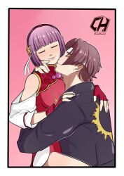 1boy 1girl asamiya_athena asian asian_male brown_hair charlyarts hair_ornament highres holding_each_other hug idol kiss kissing_cheek kusanagi_kyou psycho_soldier purple_hair snk star_(symbol) star_hair_ornament sun the_king_of_fighters the_king_of_fighters_xv