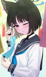 1girl absurdres animal_ears black_choker black_eyes black_hair black_nails black_sailor_collar blue_archive blue_halo blue_neckerchief blunt_ends blush breasts cat_ears cat_girl choker closed_mouth commentary_request halo highres kikyou_(blue_archive) long_sleeves looking_at_viewer nail_polish neckerchief one_eye_closed pizza_(pizzania_company) sailor_collar sailor_shirt shirt short_hair small_breasts solo tanabata tanzaku upper_body white_shirt