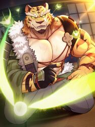 1boy animal_ears bara biceps claws collarbone commentary english_commentary fangs fingerless_gloves furry furry_male gloves highres kneeling looking_at_viewer male_focus monogg muscular muscular_male nipples open_mouth paid_reward_available pectoral_cleavage pectorals smile taketora_(yasha) thick_eyebrows tiger_boy tiger_ears tiger_stripes yasha_legends_of_the_demon_blade yellow_fur