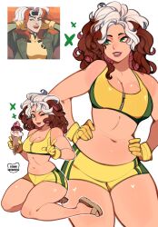 1girl bodysuit breasts brown_hair colored_bangs food gloves green_bodysuit green_eyes headband highres ice_cream jacket kamii_momoru large_breasts long_hair looking_at_viewer marvel multicolored_bodysuit multicolored_hair rogue_(x-men) smile solo superhero_costume two-tone_hair white_hair x-men x-men:_the_animated_series yellow_bodysuit yellow_gloves