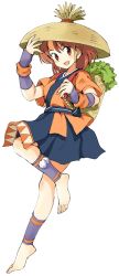 1girl ankle_wrap backpack_basket barefoot basket blush bridal_gauntlets brown_eyes brown_hair farmer feet full_body hat highres japanese_clothes kimono lettuce oyatsu_(mk2) short_hair short_kimono straw_hat tengai_makyou tengai_makyou_jipang_seven tengai_makyō tengai_makyō_jipang_seven