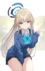 1girl blonde_hair blue_archive blue_bow blue_eyes blue_sweater blush bow bowtie collared_shirt highres long_hair long_sleeves looking_at_viewer shirt skirt sleeves_past_wrists solo sweater takehana_note thighs toki_(blue_archive) white_shirt