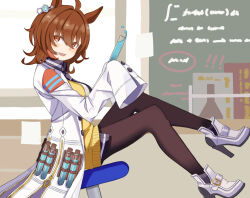 1girl absurdres agnes_tachyon_(umamusume) ahoge animal_ears ankle_boots black_necktie black_shirt blurry blurry_background boots brown_hair brown_pantyhose buttons chair chalkboard collared_shirt earrings full_body hair_between_eyes high_heel_boots high_heels highres holding holding_test_tube horse_ears horse_girl jewelry lab_coat light_blush looking_at_viewer medium_hair messy_hair necktie on_chair open_mouth pantyhose partially_unzipped red_eyes rocking shirt shirt_under_sweater sidelocks single_earring sitting sleeves_past_fingers sleeves_past_wrists smile solo sticky_note test_tube umamusume very_long_sleeves white_boots wide_sleeves yamada_nagi zipper zipper_pull_tab
