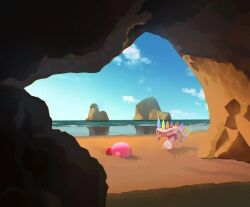 blue_sky cloud day dragoon faceplant kirby kirby_(series) kirby_air_ride lying microsoft_windows nintendo no_humans on_stomach outdoors reflection reflective_water sand sky suyasuyabi twitter_username water windows_10