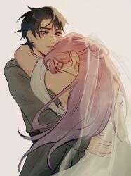 Rule 34 | 2girls, alien stage, alternate costume, alternate hairstyle, alternate universe, black hair, borrowed design, bridal veil, bride, closed eyes, commentary, dress, english commentary, female focus, formal clothes, grey suit, half updo, highres, hug, jiyujelly, long hair, mizi (alien stage), multiple girls, pink hair, purple eyes, see-through clothes, see-through veil, short hair, sua (alien stage), suit, tears, veil, wedding dress, white dress, wife and wife, yuri