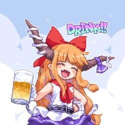 Rule 34 | 1girl, :d, ^ ^, alcohol, bare arms, beer, beer mug, belt, blunt bangs, blush stickers, bow, closed eyes, commentary request, cup, english text, facing viewer, fang, hair bow, hand on own hip, horn ornament, horn ribbon, horns, ibuki suika, kumamoto (bbtonhk2), long hair, low-tied long hair, mug, open mouth, orange hair, pixel art, pointy ears, purple skirt, red bow, ribbon, shirt, sidelocks, skirt, sleeveless, sleeveless shirt, smile, solo, touhou, very long hair, white shirt