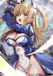 Rule 34 | 1girl, absurdres, arms up, black gloves, blonde hair, blush, breasts, cleavage, commentary request, commission, covered navel, fingerless gloves, gloves, hair between eyes, hair ornament, highleg, highleg leotard, highres, holding, holding sword, holding weapon, katana, large breasts, leotard, long hair, looking at viewer, numako (pizza kanon), open mouth, phantasy star, phantasy star online 2, pointy ears, ral (ralf), red eyes, skeb commission, slashing, solo, sword, thighhighs, thighs, two side up, weapon, white leotard, white thighhighs
