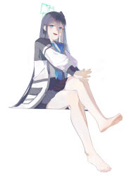 Rule 34 | 1girl, :d, absurdres, aqua halo, aris (blue archive), barefoot, black hair, black jacket, black skirt, blue archive, blue eyes, blue necktie, caat106, collared shirt, crossed legs, dress shirt, full body, halo, highres, jacket, legs, long hair, long sleeves, looking at viewer, miniskirt, necktie, open clothes, open jacket, open mouth, pleated skirt, puffy long sleeves, puffy sleeves, shirt, side ponytail, simple background, sitting, skirt, smile, soles, solo, toes, very long hair, white background, white jacket, white shirt