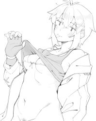 1girl blush bottomless bra breasts closed_mouth clothes_lift female_pubic_hair fingerless_gloves fukana_miyu_(kokuya28) gloves greyscale hair_ornament highres jacket kokuya_(kokuya28) lifting_own_clothes looking_at_viewer medium_breasts monochrome open_clothes open_jacket original pubic_hair pubic_hair_peek shirt_lift short_hair simple_background smile solo tank_top tomboy tongue tongue_out underboob underwear upper_body x_hair_ornament